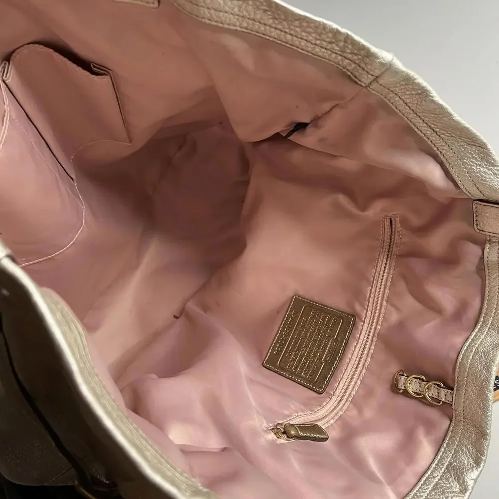 Coach Tote Bag‎ Womens Large Gold Metallic Leather Shoulder Pink Lining 17024